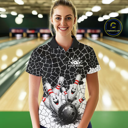 White And Black Cracked Funny Pins & Ball Bowling Shirt For Women Custom Outfit Team Bowling Jersey NYN3238