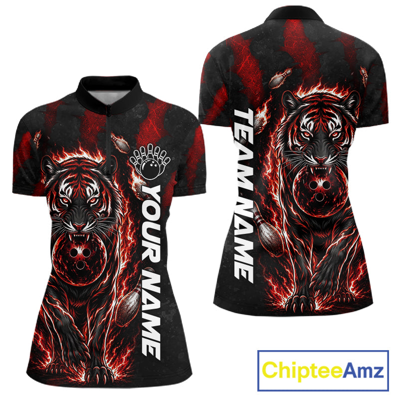 Fire Flame Tiger Red Claws women's quarter zip bowling shirt custom bowling team apparel, league jersey