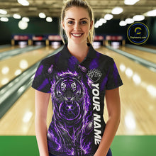 Load image into Gallery viewer, Female bowler wearing Fire Flame Tiger Purple Claws bowling shirt during tournament bowling competition