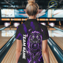 Load image into Gallery viewer, Female bowler wearing Fire Flame Tiger Purple Claws bowling shirt during tournament bowling competition
