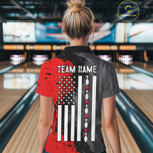 Load image into Gallery viewer, Female bowler wearing Black Grey Red Grunge US Flag bowling jersey during patriotic bowling tournament
