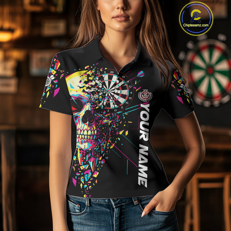 Custom Colorful Shatter Skull & Dartboard Darts Polo Shirt For Women Cracked Dart Jerseys NYN1960