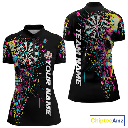 Custom Colorful Shatter Skull & Dartboard Darts Quarter-Zip Shirt For Women Cracked Dart Jerseys NYN1960