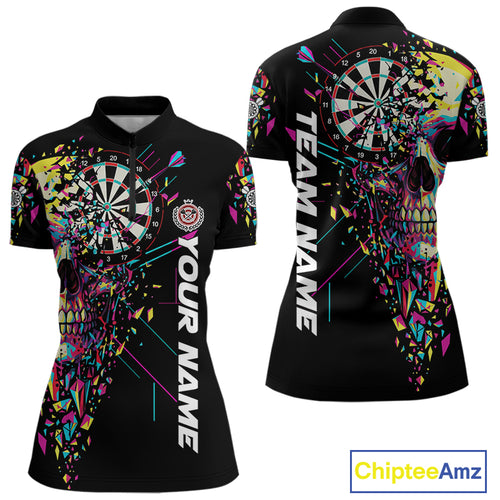 Custom Colorful Shatter Skull & Dartboard Darts Quarter-Zip Shirt For Women Cracked Dart Jerseys NYN1960