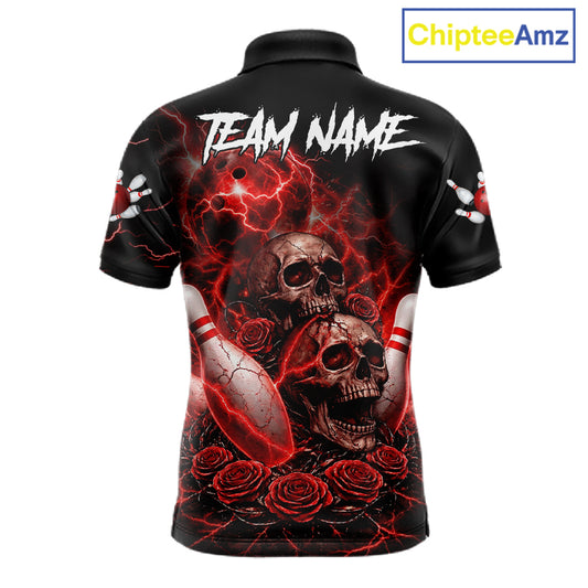 Red Strike Lightning Bowling Custom Team Shirts For Men, Skull Roses Outfit Bowling Team Jersey NYN3071