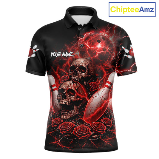 Red Strike Lightning Bowling Custom Team Shirts For Men, Skull Roses Outfit Bowling Team Jersey NYN3071