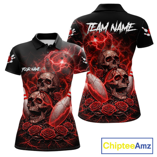 Red Strike Lightning Bowling Custom Team Shirts For Women, Skull Roses Outfit Bowling Team Jersey NYN3071