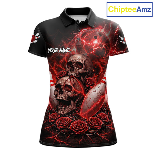 Red Strike Lightning Bowling Custom Team Shirts For Women, Skull Roses Outfit Bowling Team Jersey NYN3071