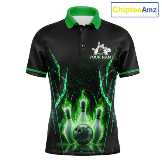 Custom Green Flaming Mens Bowling Jerseys Personalized Bowling Team Shirts For Bowlers NYN3075