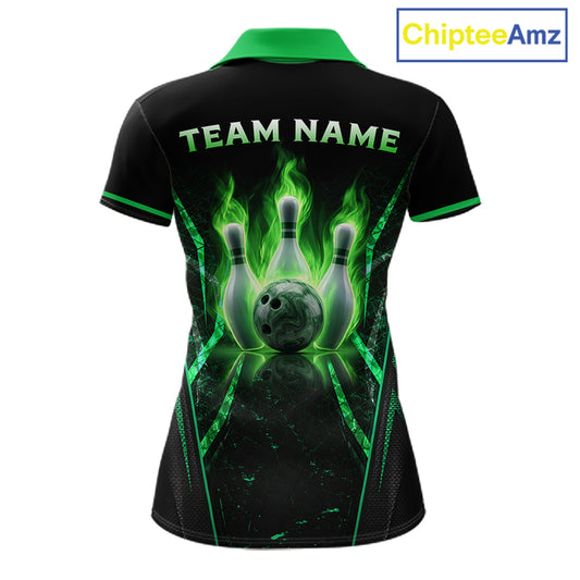 Custom Green Flaming Womens Bowling Jerseys Personalized Bowling Team Shirts For Bowlers NYN3075