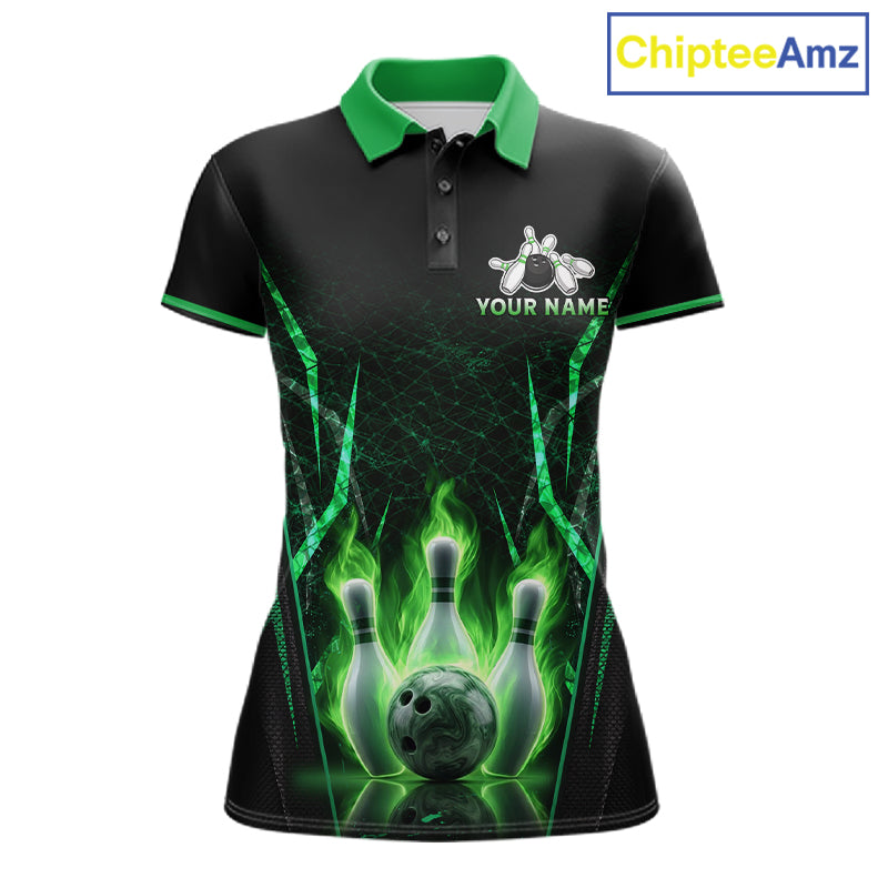 Custom Green Flaming Womens Bowling Jerseys Personalized Bowling Team Shirts For Bowlers NYN3075