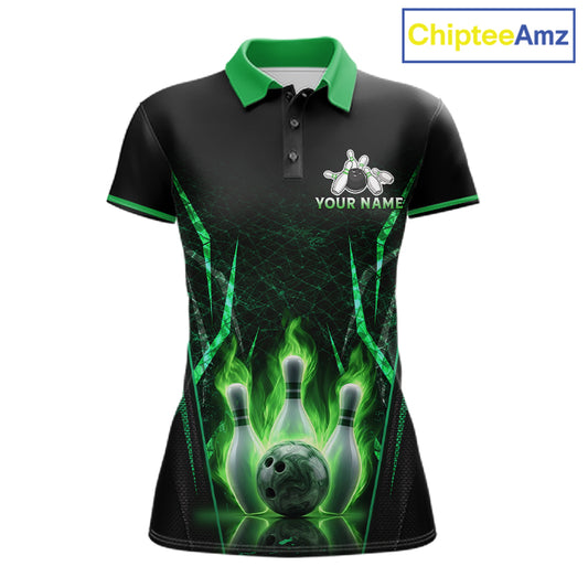 Custom Green Flaming Womens Bowling Jerseys Personalized Bowling Team Shirts For Bowlers NYN3075