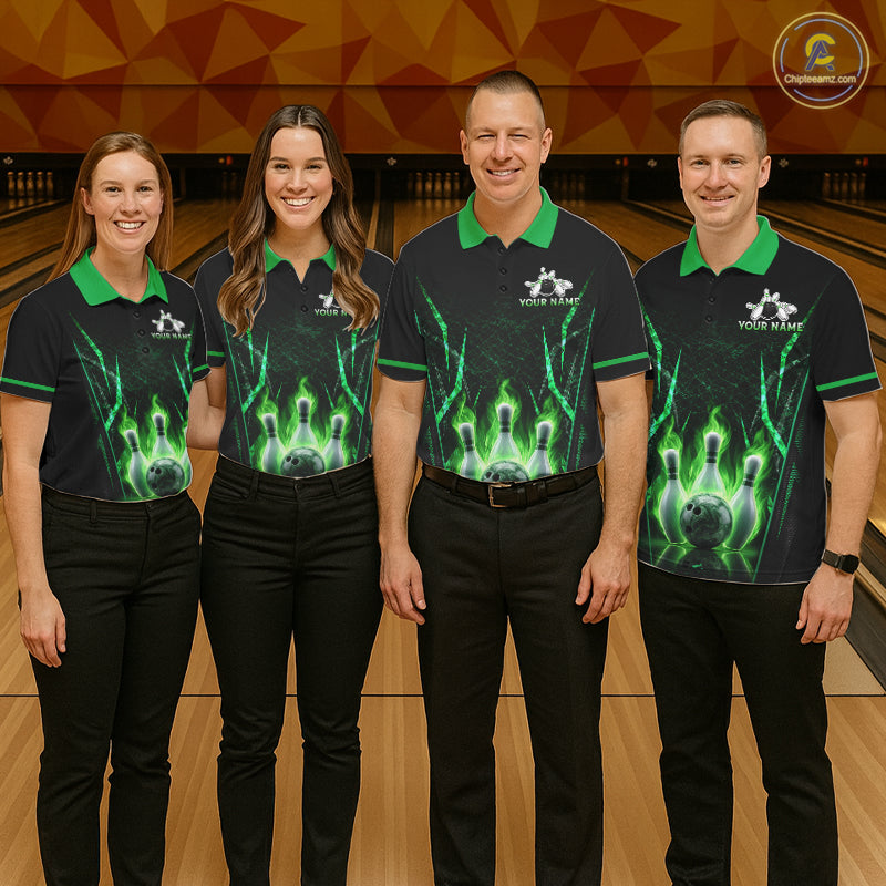 Custom Green Flaming Mens Bowling Jerseys Personalized Bowling Team Shirts For Bowlers NYN3075