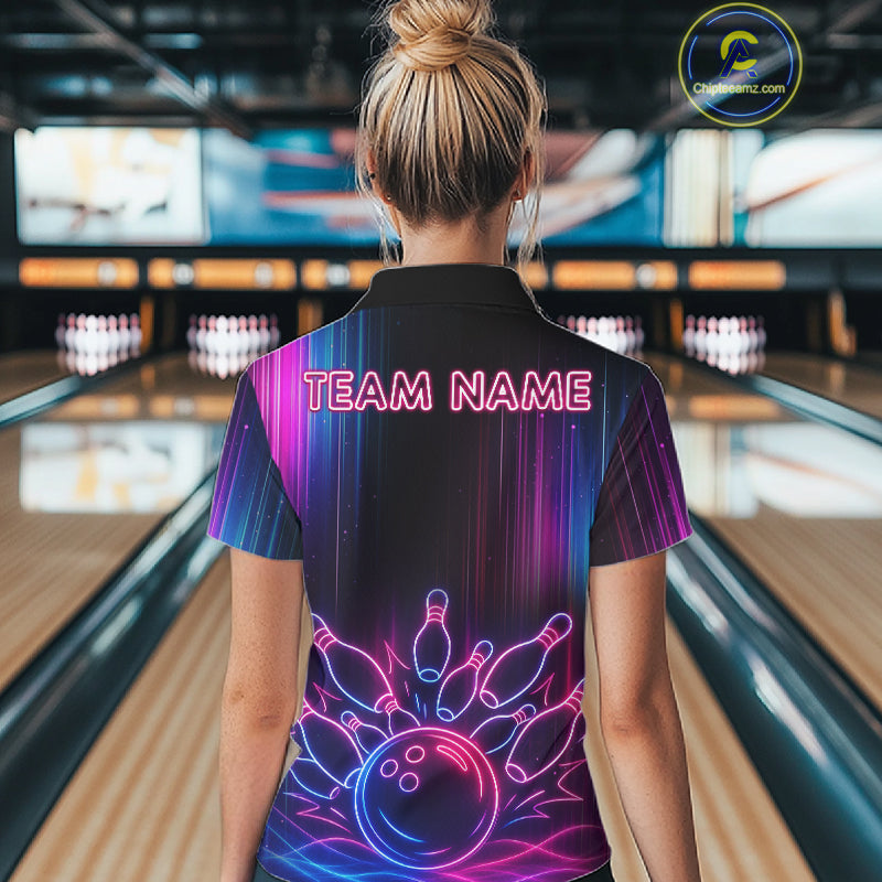 Pink And Blue Neon Lightning Bowling Polo & 1/4-Zip Shirt For Women Custom Team Bowling Jersey NYN3240