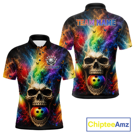 Smoke Skull Butterfly Bowling Polo featuring personalized team graphics, colorful smoke effects, breathable performance apparel, gothic sports fashion, custom tournament jersey, artistic bowling clothing.