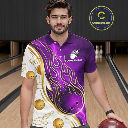 Male bowler wearing Gold & Purple Flames bowling shirt symbolizing power, leadership, determination, championship performance, custom bowling team sportswear.