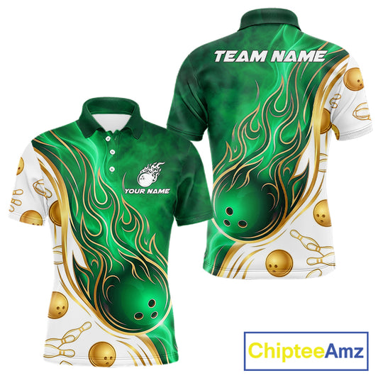 Gold & Green Flames Bowling Polo featuring personalized player name, custom bowling tournament jersey, breathable athletic fabric, flame graphics, custom league apparel, championship sportswear.