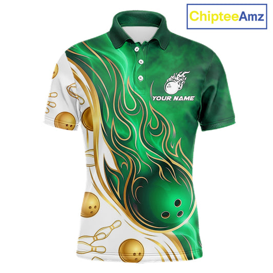 Gold & Green Flames Bowling Polo featuring personalized player name, custom bowling tournament jersey, breathable athletic fabric, flame graphics, custom league apparel, championship sportswear.