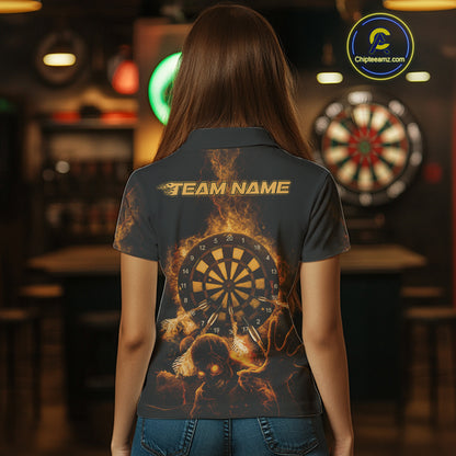 Custom Skeleton Yellow Flames Dartboard Dart Women Polo Jerseys Lightning Dart Team Shirt NYN1694