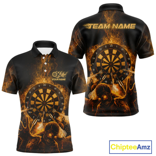 Custom Skeleton Yellow Flames Dartboard Dart Men Polo Jerseys Lightning Dart Team Shirt NYN1694