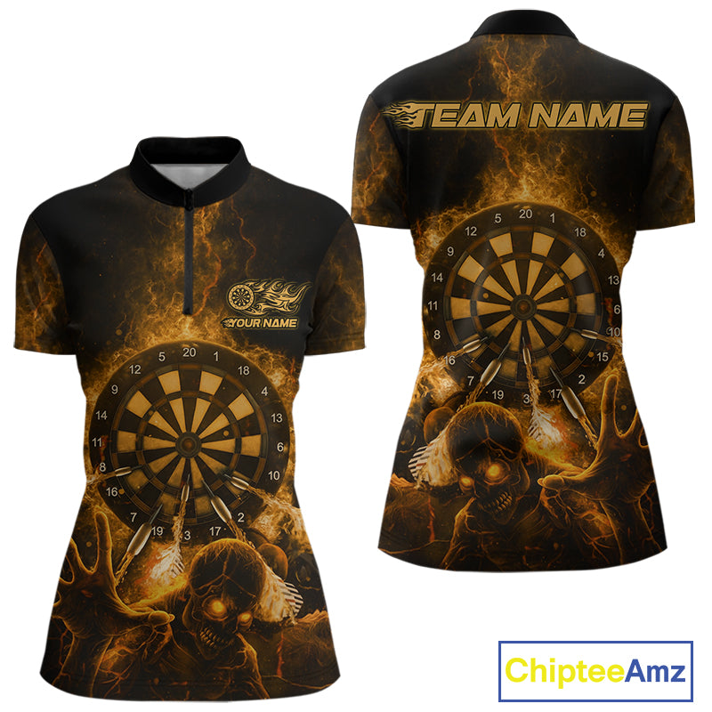 Custom Skeleton Yellow Flames Dartboard Dart Women 1/4-Zip Jerseys Lightning Dart Team Shirt NYN1694