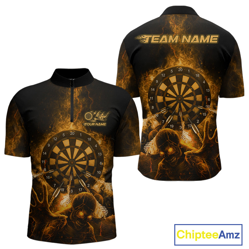Custom Skeleton Yellow Flames Dartboard Dart Men 1/4-Zip Jerseys Lightning Dart Team Shirt NYN1694