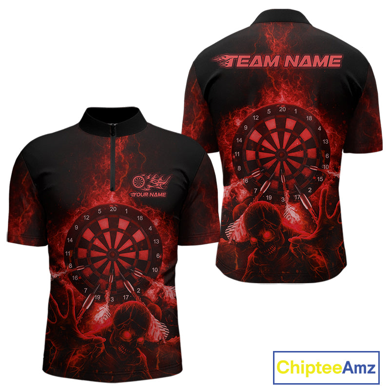 Custom Skeleton Red Flames Dartboard Dart Men 1/4-Zip Jerseys Lightning Dart Team Shirt NYN1695