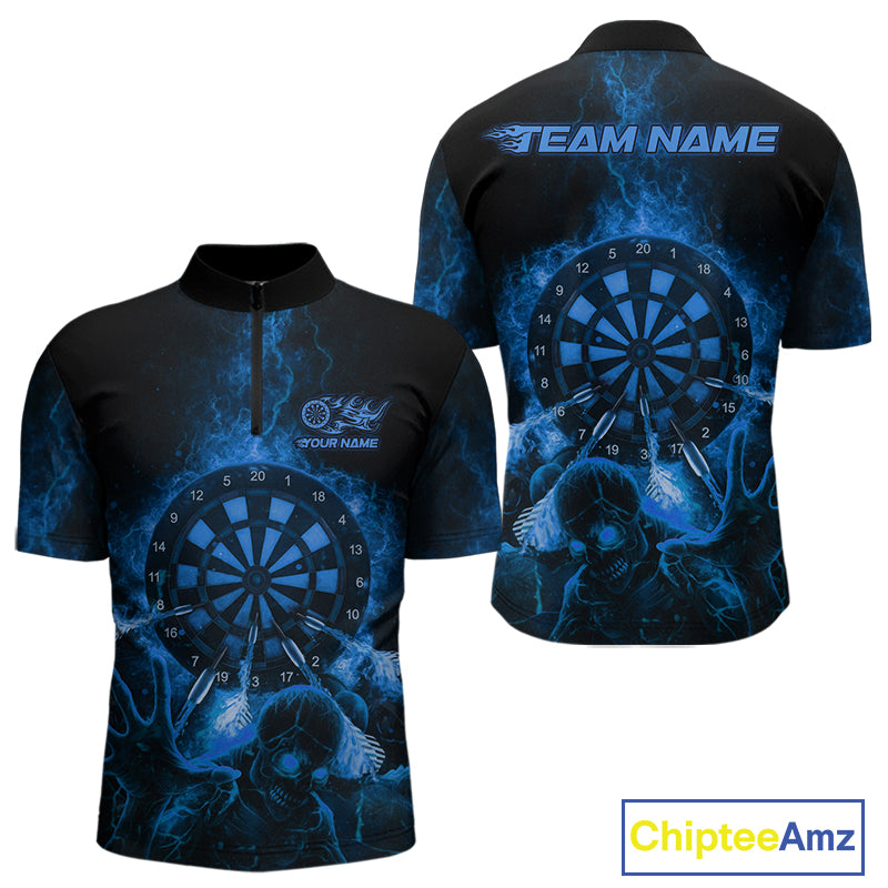 Custom Skeleton Blue Flames Dartboard Dart Men 1/4-Zip Jerseys Lightning Dart Team Shirt NYN1696