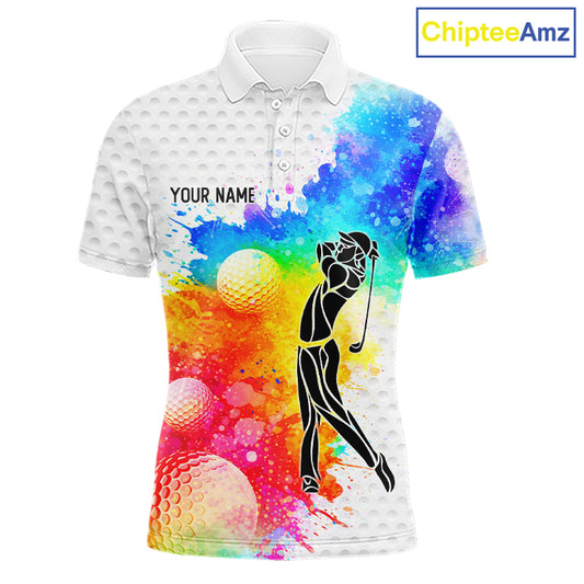Mens White Pattern Golf Polo Shirt Custom Name Colorful Watercolor Golf Clothes, Golf Gifts NYN2873