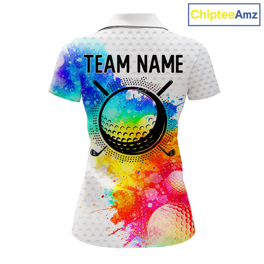 Women White Pattern Golf Polo Shirt Custom Name Colorful Watercolor Golf Clothes, Golf Gifts NYN2873