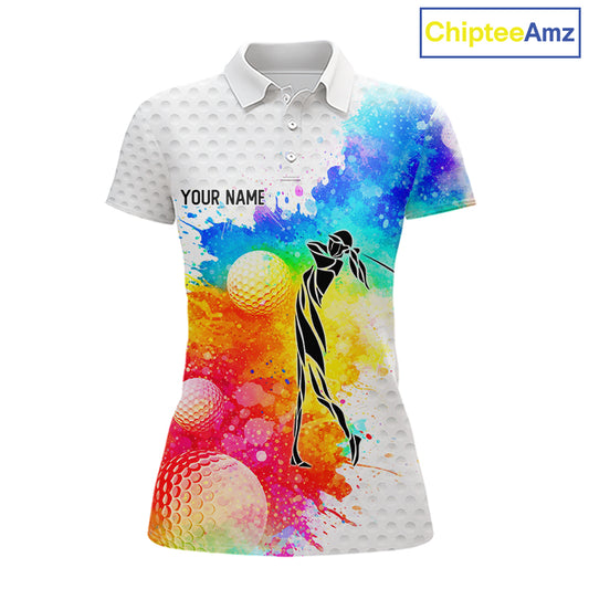 Women White Pattern Golf Polo Shirt Custom Name Colorful Watercolor Golf Clothes, Golf Gifts NYN2873