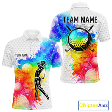 Load image into Gallery viewer, Mens White Pattern Golf Polo Shirt Custom Name Colorful Watercolor Golf Clothes, Golf Gifts NYN2873