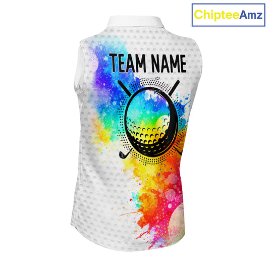 Women White Pattern Golf Sleeveless Polo Shirt Custom Name Colorful Watercolor Golf Clothes, Golf Gifts NYN2873