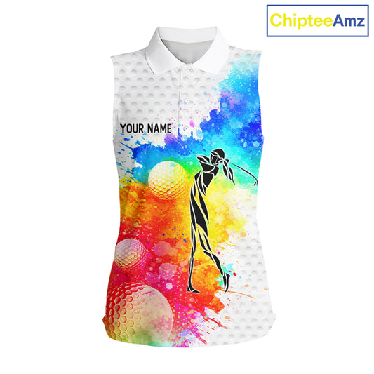 Women White Pattern Golf Sleeveless Polo Shirt Custom Name Colorful Watercolor Golf Clothes, Golf Gifts NYN2873