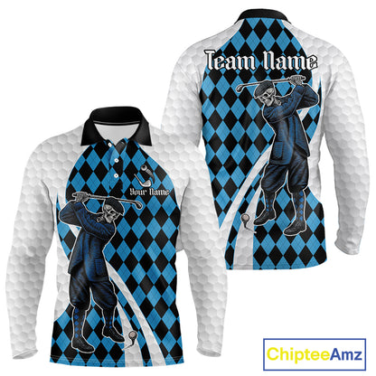 Golfer Skeleton Golf Polo Shirts For Men Custom Blue Argyle Pattern Team Name Golf Clothes NYN3253