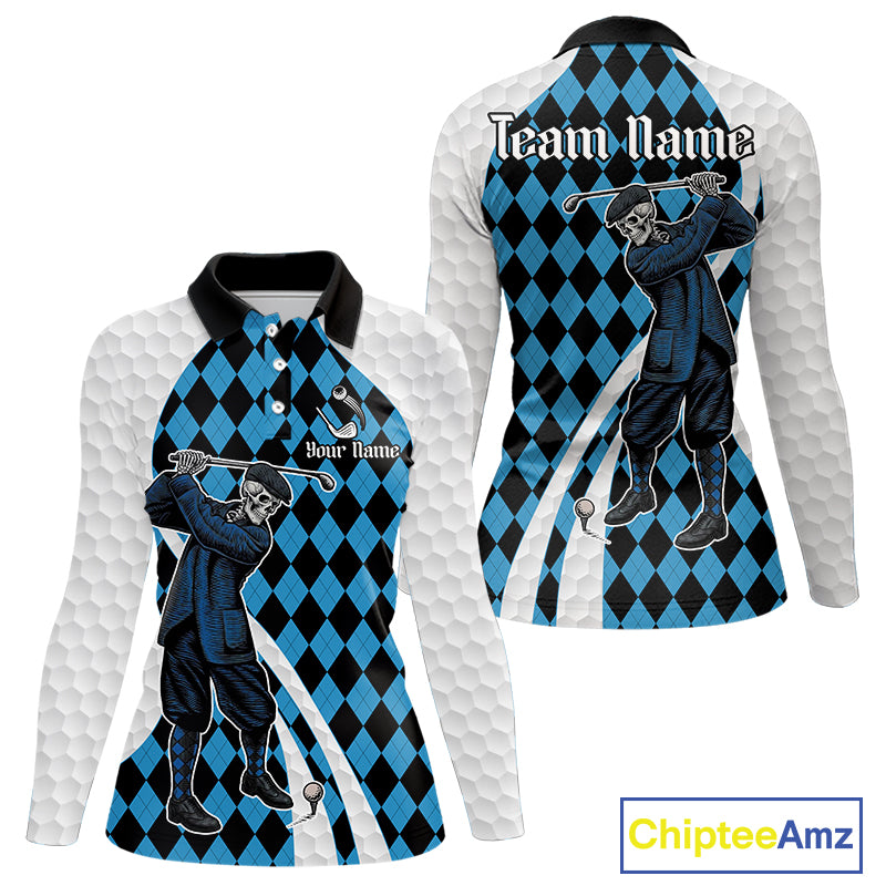 Golfer Skeleton Golf Polo Shirts For Women Custom Blue Argyle Pattern Team Name Golf Clothes NYN3253