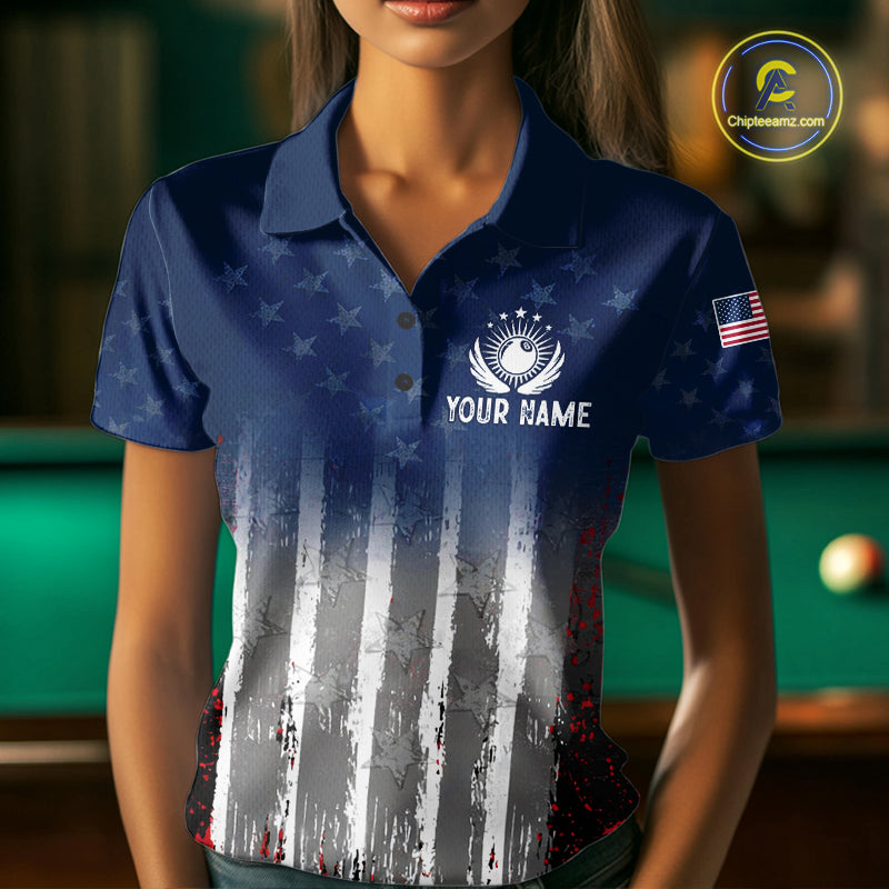 American Flag Cracked 8 Ball Billiard Pool Shirt For Women Custom Grunge Patriotic Billiard Team Jersey NYN3085
