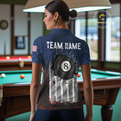 American Flag Cracked 8 Ball Billiard Pool Shirt For Women Custom Grunge Patriotic Billiard Team Jersey NYN3085