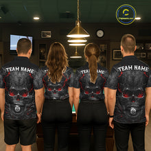 Load image into Gallery viewer, Men women billiard team wearing Flaming Skull 8 Ball custom billiard uniforms, personalized pool team jerseys
