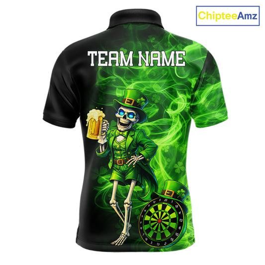 Funny Skeleton St Patrick's Day Men Darts Polo Shirt Custom Flame Shamrock Darts Team Jersey NYN2529