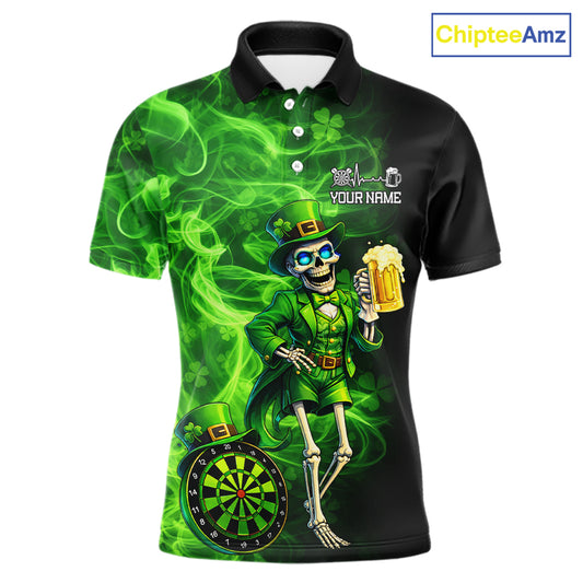 Funny Skeleton St Patrick's Day Men Darts Polo Shirt Custom Flame Shamrock Darts Team Jersey NYN2529