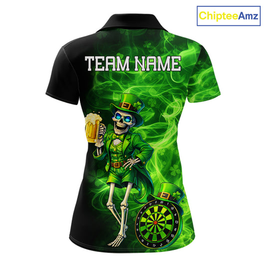 Funny Skeleton St Patrick's Day Women  Darts Polo Shirt Custom Flame Shamrock Darts Team Jersey NYN2529