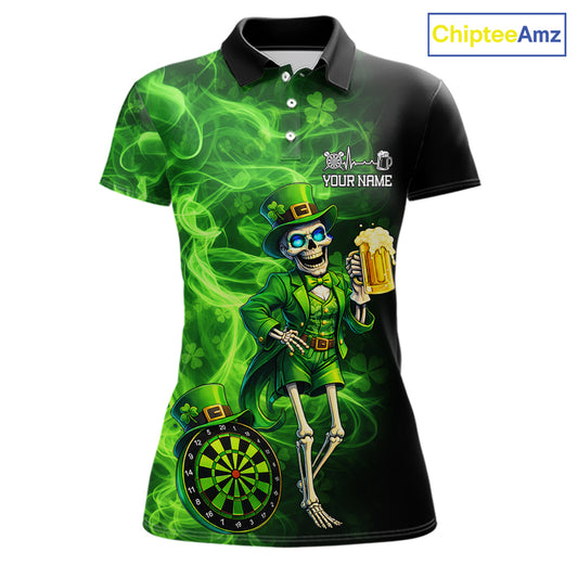 Funny Skeleton St Patrick's Day Women  Darts Polo Shirt Custom Flame Shamrock Darts Team Jersey NYN2529