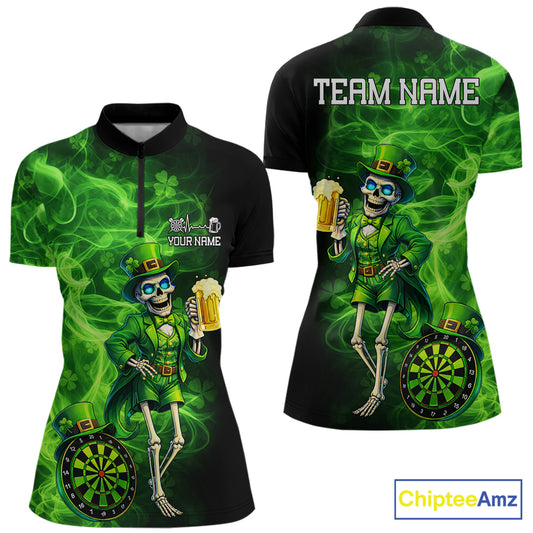 Funny Skeleton St Patrick's Day Women Darts Quarter-Zip Shirt Custom Flame Shamrock Darts Team Jersey NYN2529