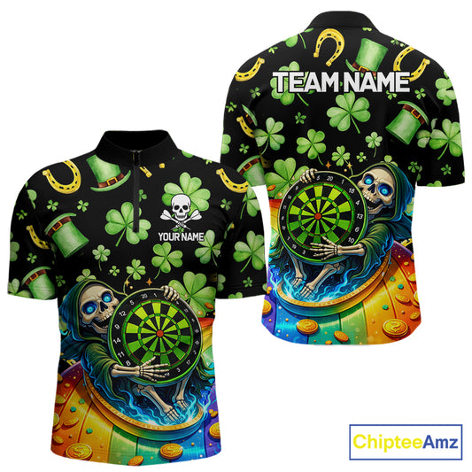 Rainbow Funny Skeleton Green Dartboard Men Darts Quarter-Zip Shirt Custom St Patrick's Day Darts Jersey NYN2533