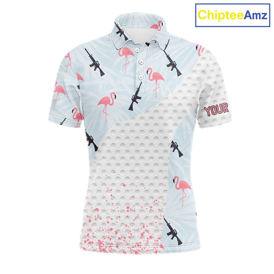 Funny Rifle & Flamingo Polo Shirt Mens Golf Polo Shirts Custom White Ball Pattern Golf Clothes NYN2877