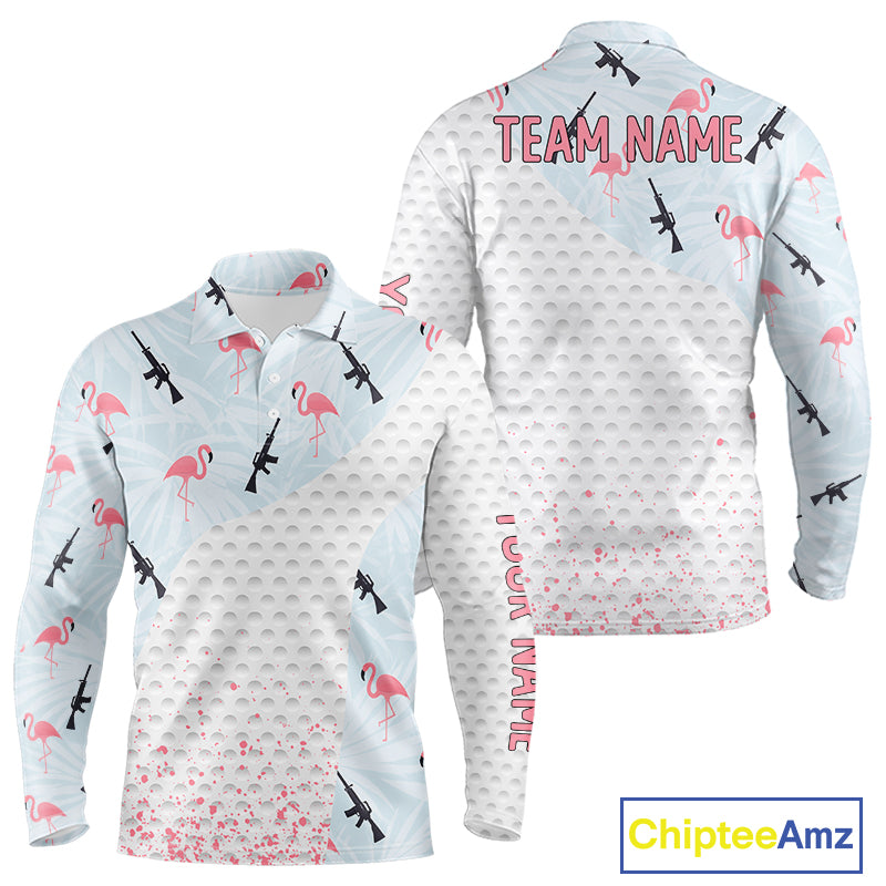 Funny Rifle & Flamingo Polo Shirt Mens Golf Polo Shirts Custom White Ball Pattern Golf Clothes NYN2877