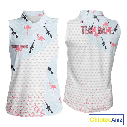 Funny Rifle & Flamingo Sleeveless Polo Shirt Womens Golf Polo Shirts Custom White Ball Golf Clothes NYN2877