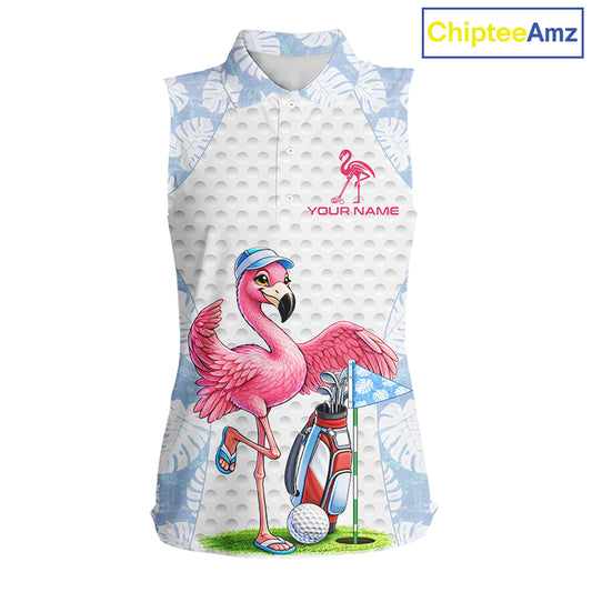 Custom Blue Tropical Monstera Funny Flamingo Matching Womens Golf Sleeveless Polo Shirts Team Golf Clothes NYN2881