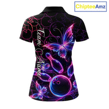 Load image into Gallery viewer, Neon Blue And Pink Butterfly Bowling Polo &amp; 1/4-Zip Shirt For Women Custom Colorful Bowling Team Jersey NYN3266